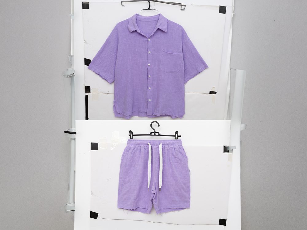 Shirt and shorts set: hanger-shot cleanup and layout before