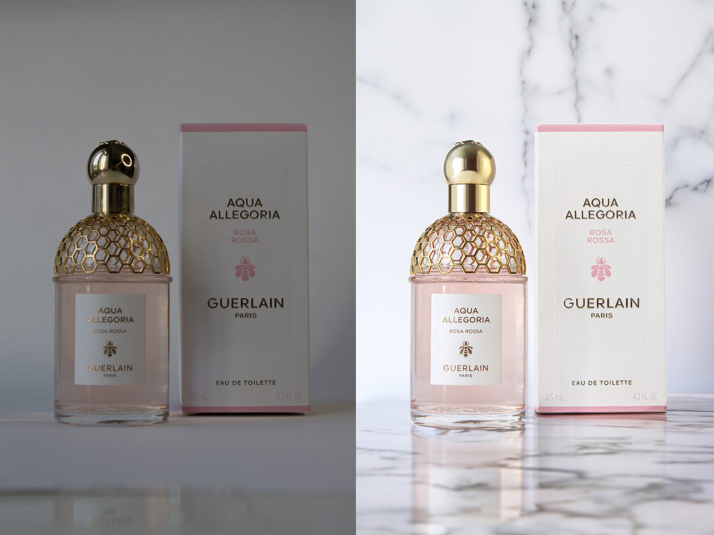 Perfume on a clean white marble set (before left, after right)