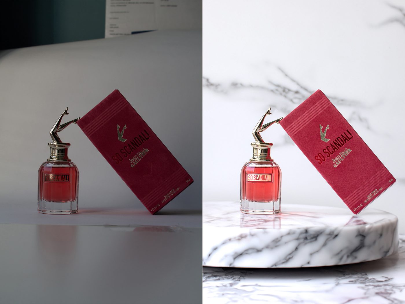 Perfume with a new marble podium background (before left, after right)